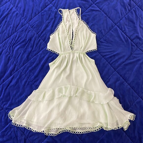 ASOS Sage Green Cami Halterneck Cutout Mini Dress with Eyelete Lace Circle Trim - Picture 1 of 6